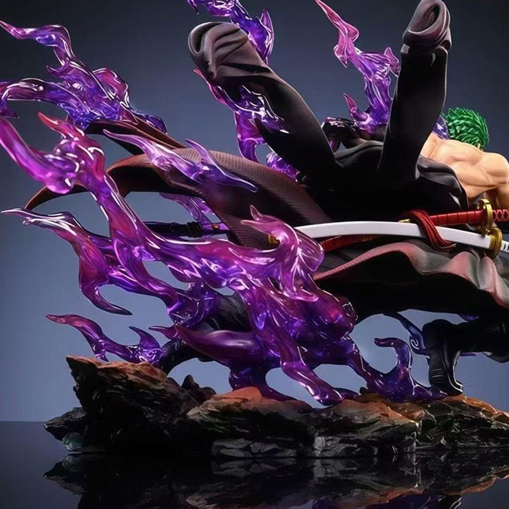 One Piece Roronoa Zoro Figure, Enma Haki Battle Scene, Purple Flame Effect Statue, Anime Model Decor，Drift Rock Base, Desktop Decor Figurine