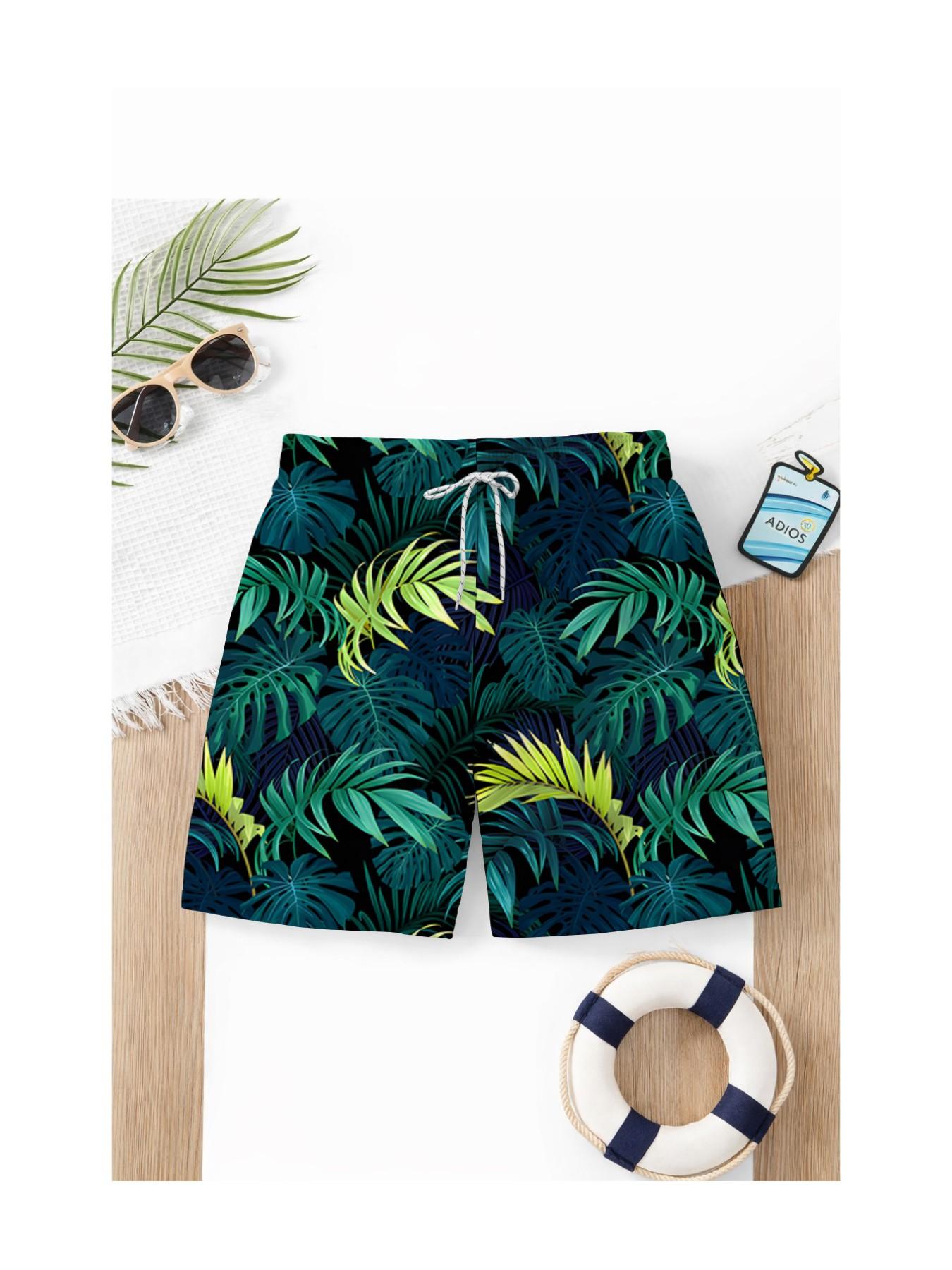 Summer Boys' Tropical Plant Print Drawstring Beach Pants, Loose Fit Short Swim Trunks, Casual Cartoon Pattern, Ideal for Vacation