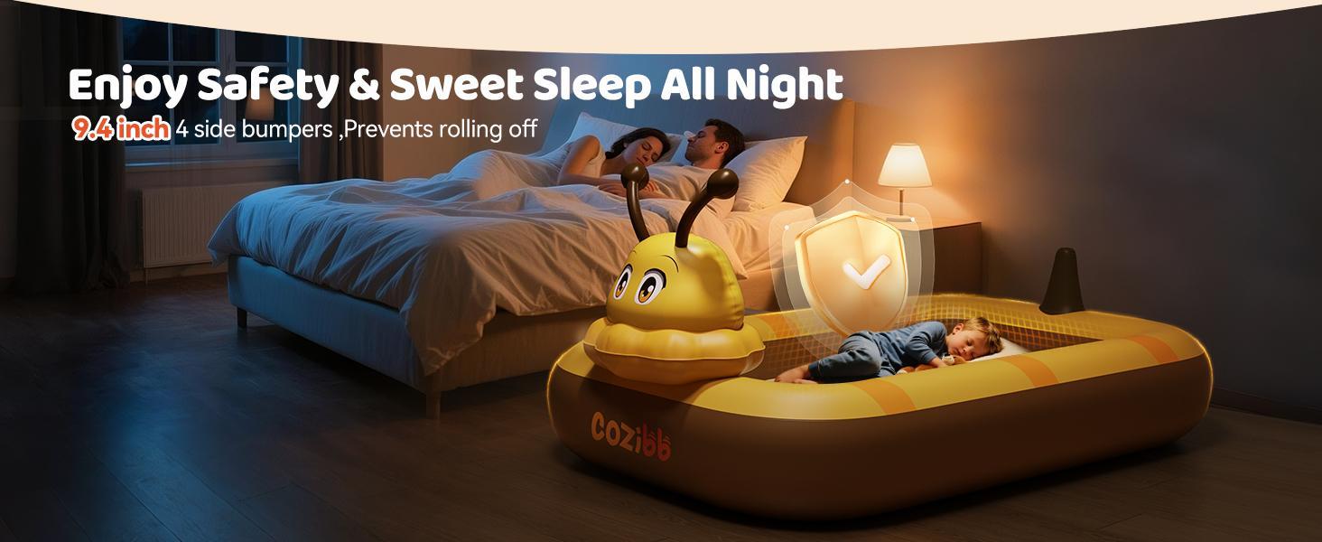 CoziBB Inflatable Toddler Travel Bed, Portable Travel Bed with Flocked Mattress, Built-in Pillow & Carry Bag, 4 Side Safety Bumpers for Toddlers