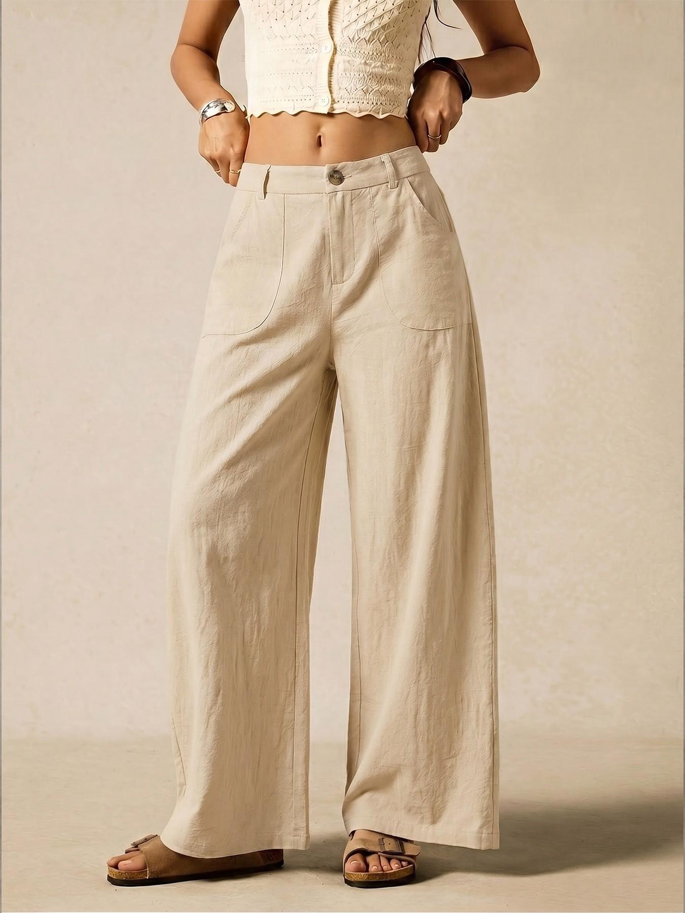 Women's Summer Linen Breathable Lightweight Palazzo Pants Flowy Wide Straight Leg Beach Trousers, Button Pocket Trousers, With Pocket Casual Solid Color Soft Elastic High Waist Travel Vacation Date Brunch Home Work Street wear