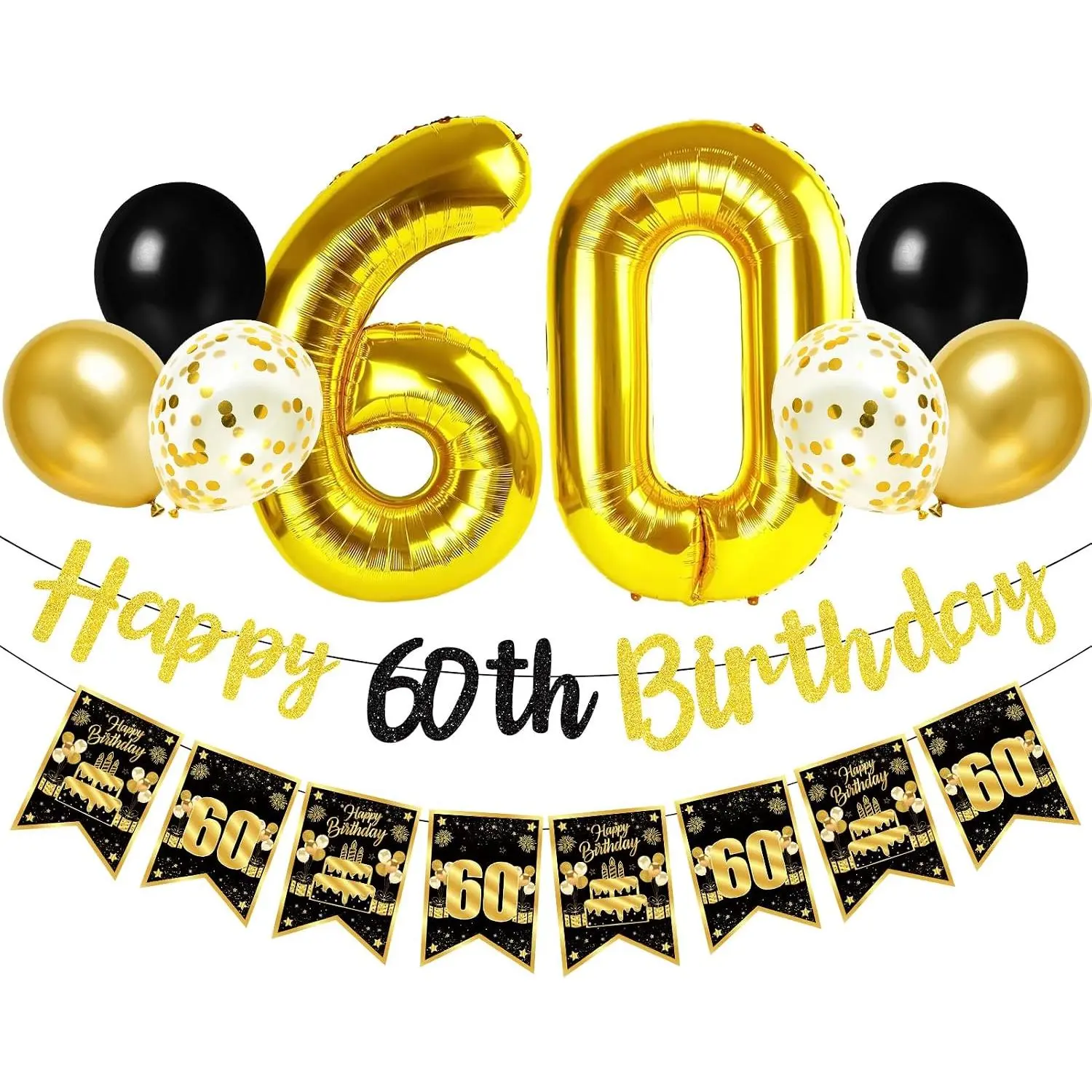 60th Birthday Decorations for Men Women, Happy 60th Party Supplies |   10pcs Black Gold 60th Birthday Banner, Foil 60 Balloons, Sixty Year Old Bday Photo Props Sign