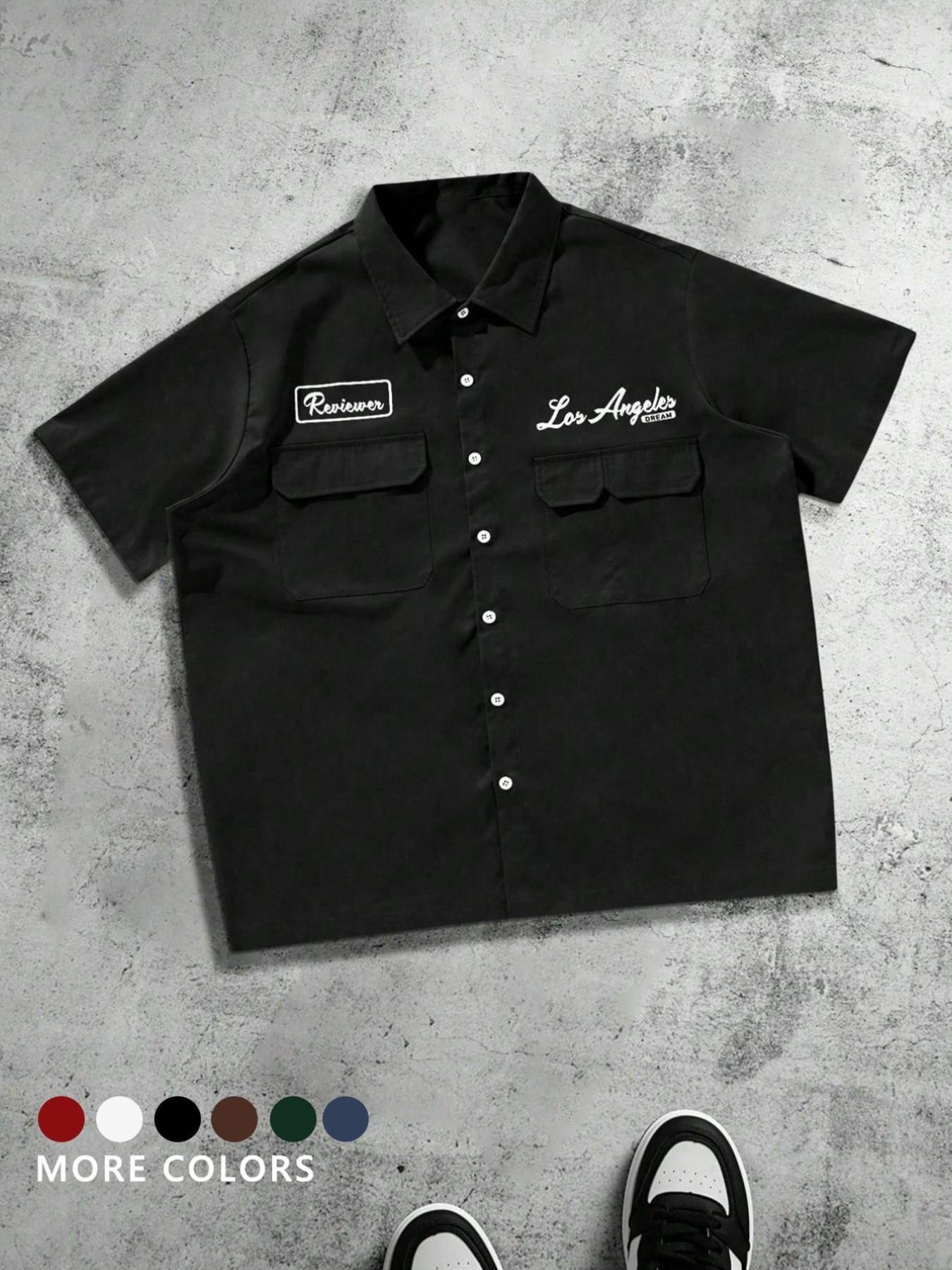 Men's Plus Size Casual Loose Fit Work Shirt, Button Front, Square Short Sleeve, Multiple Pockets, Urban Style, Perfect Gift