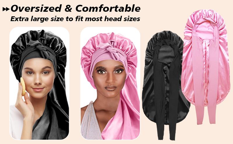 【Valentinesdaygift】Women's Satin Silk Braid Bonnet - 2 Count Large Long Sleep Cap for Braids Elastic Breathable Lightweight Premium Hats Soft Heatless (Black&Pink) WinterGift