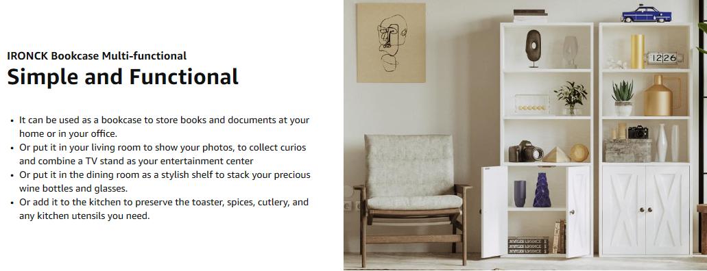 IRONCK Industrial Bookshelves and Bookcases with Doors 11.8 in Depth Floor Standing 5 Shelf Display Storage Shelves Bookcase Home Decor Furniture for Home, Office, Living Room, Bedroom