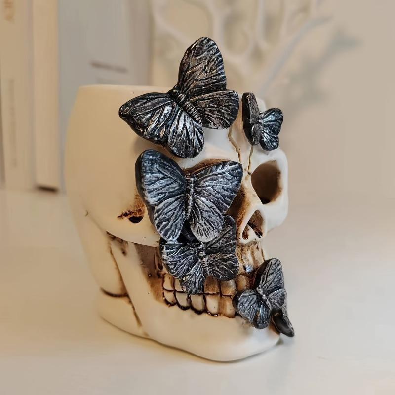 Halloween Butterfly Skull Pen Holder, Creative Resin Craft, Unique Desktop Decoration, Halloween Home Office Accessory, Perfect Gift, Pen Cup