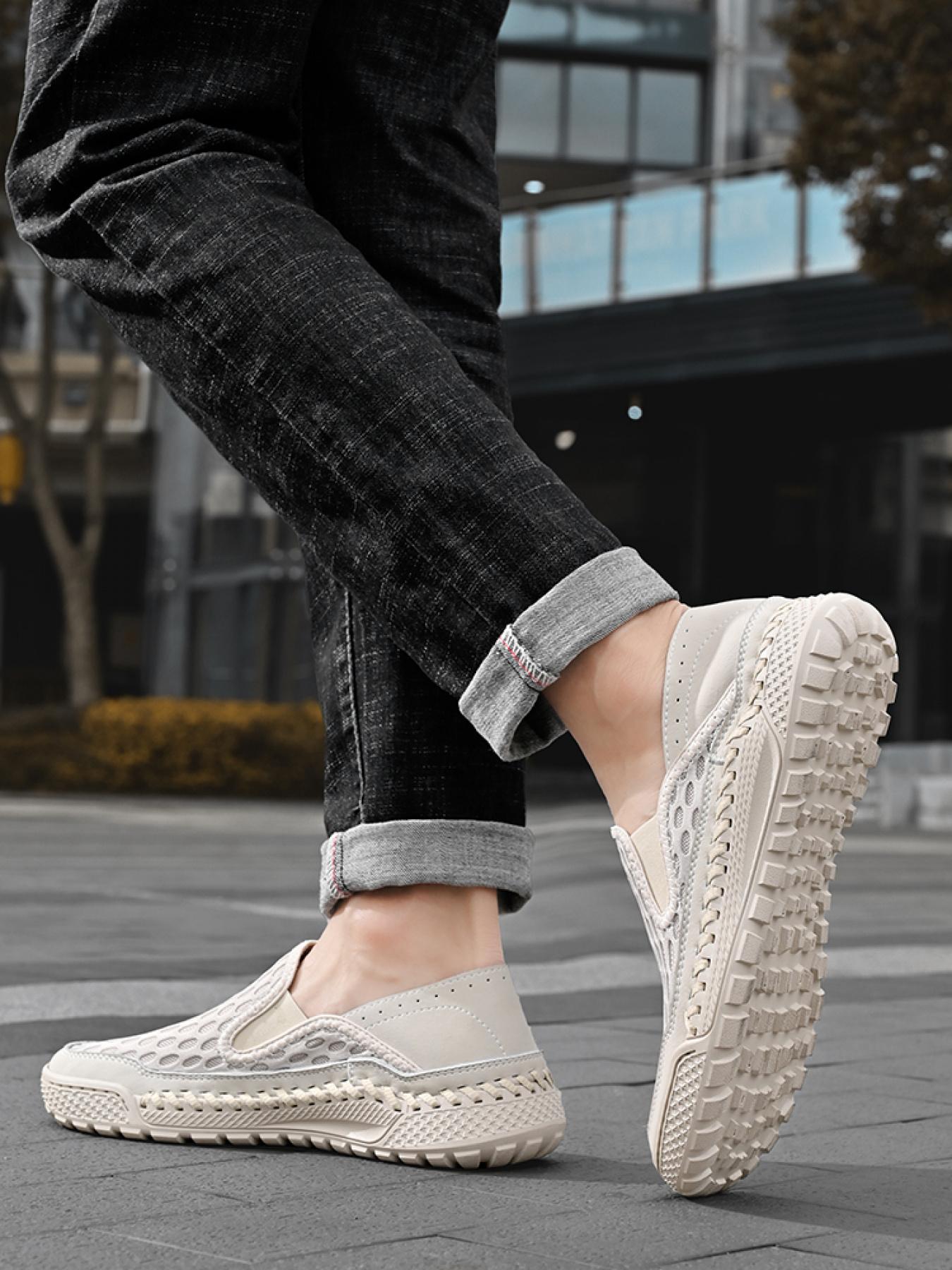 Men's Solid Color Mesh Breathable Slip-On Loafers, Soft Sole Anti-Slip Hand-Stitched Walking Shoes, Lightweight Casual Dad Shoes