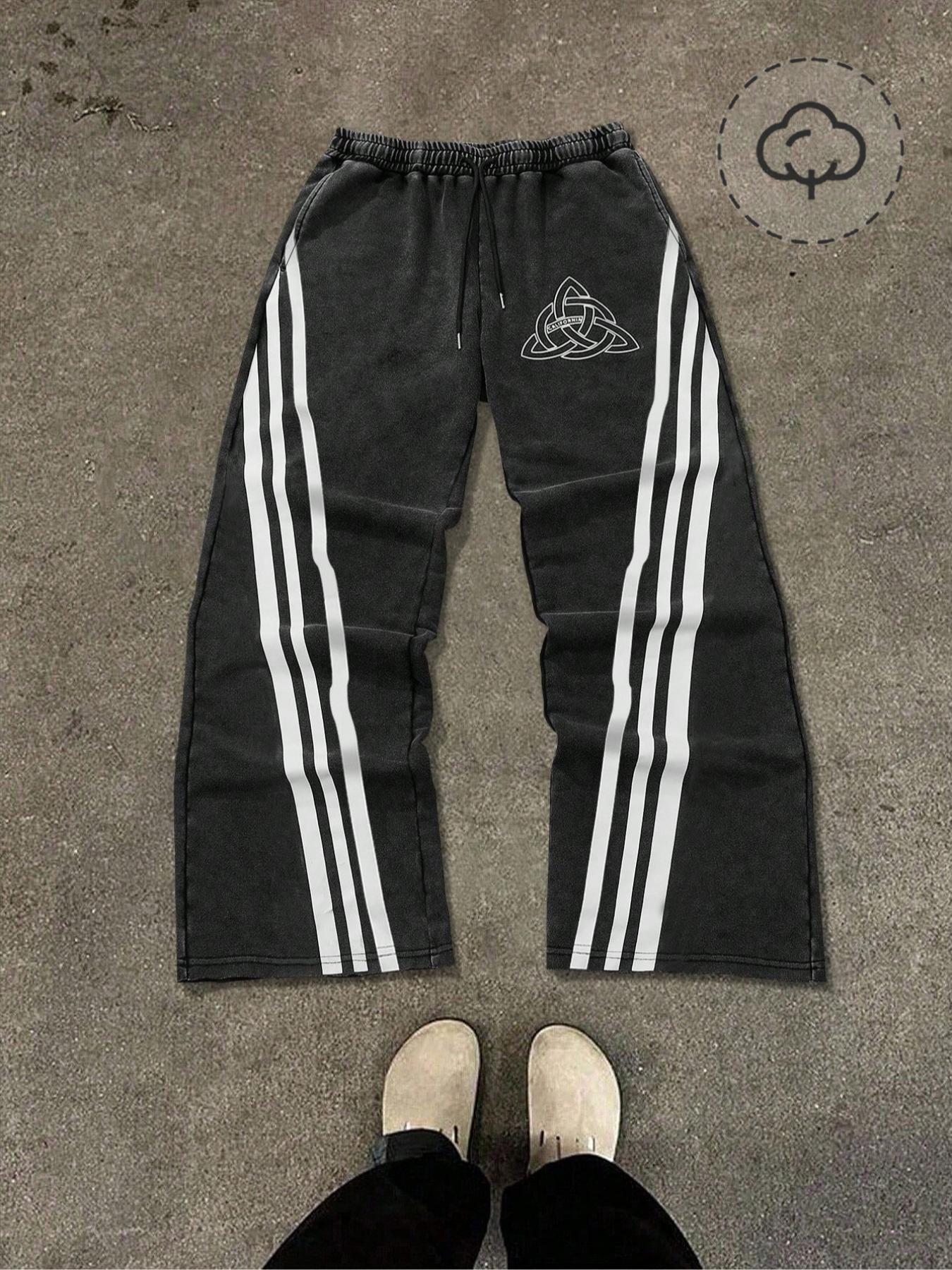 Men's Star & Striped Print Washed Distressed Drawstring Waist Sports Sweatpants, Regular Fit Casual Comfy Fashion Pocket & Zipper Design Pants for Fall & Winter, Sports Bottoms, Casual Athletic Pants, Athleisure Style Bottoms