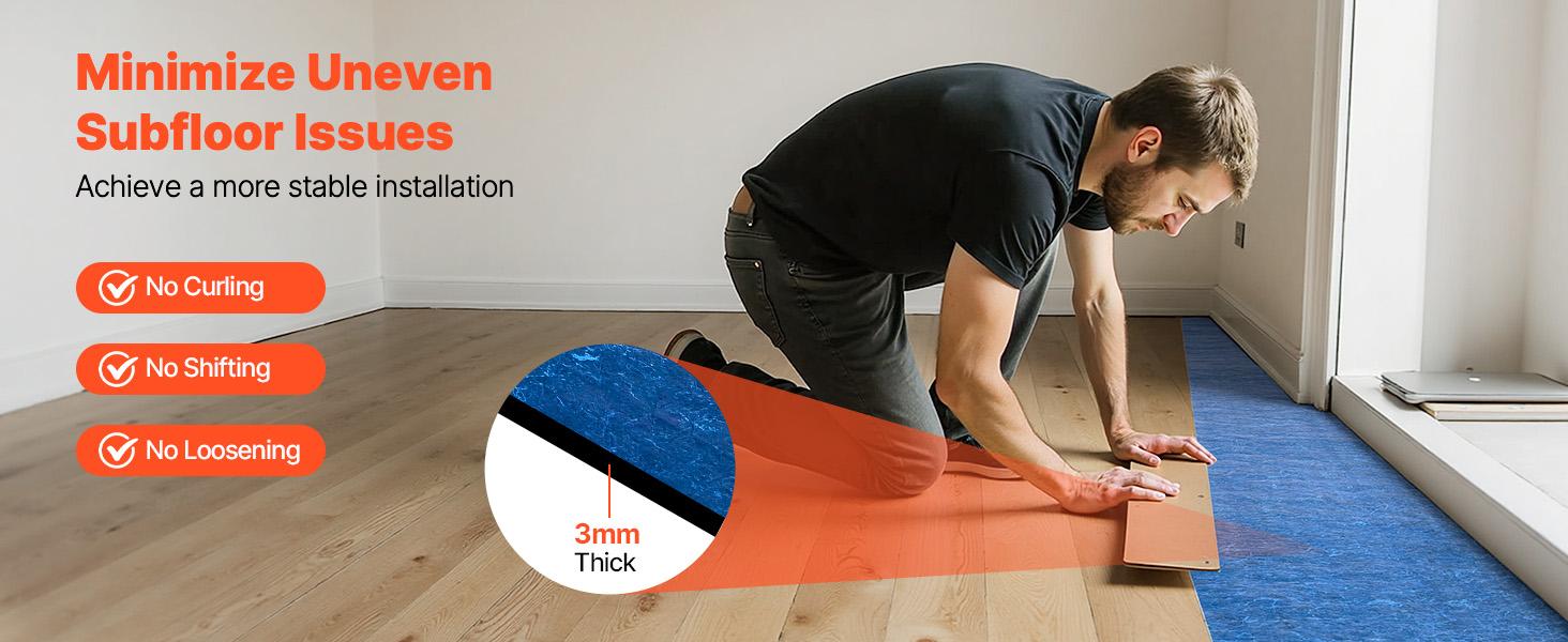 VEVOR Floor Underlayment 200 sq. ft/Roll, 3 mm Thick Laminate Flooring Padding with Attached Vapor Barrier, Heavy Duty Fiber+ PE Film, Soundproofing Noise Reduction, Ideal for Laminate Wood Floors