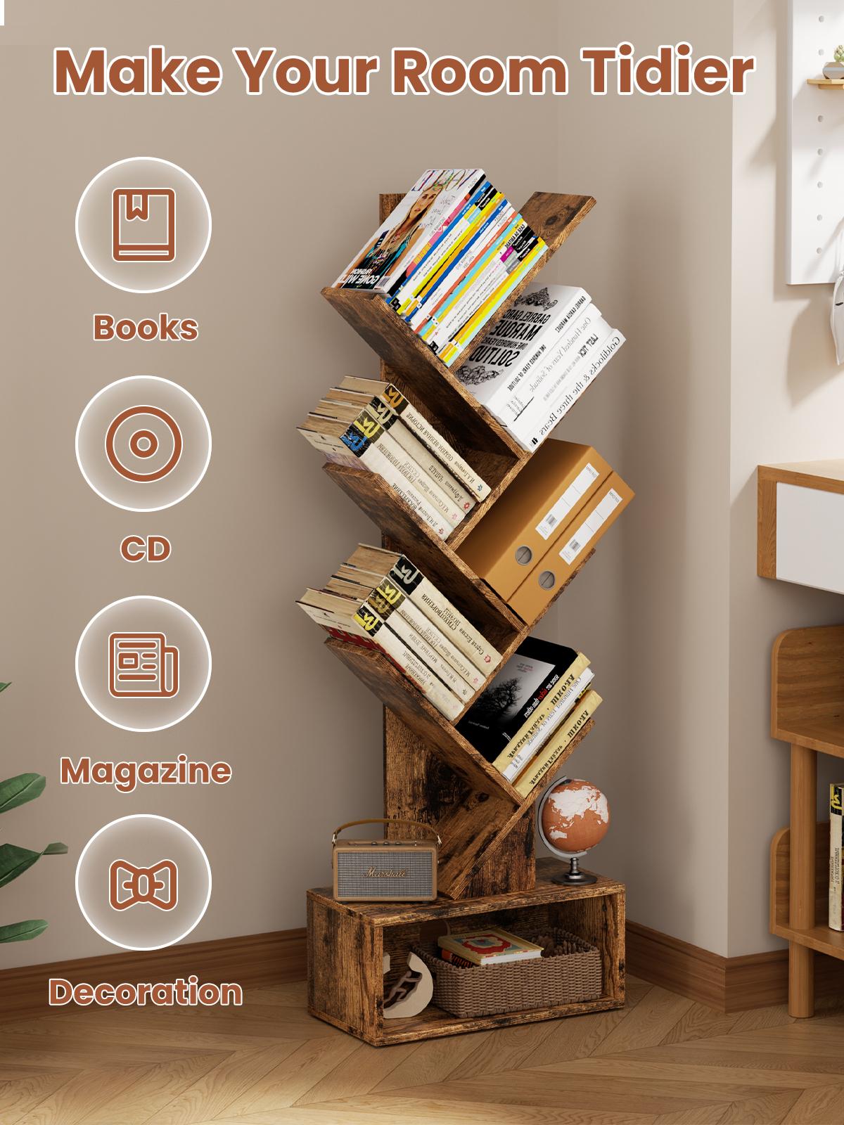 Flycity Bookshelf with Drawer,6 Tiers Tree Bookshelf, Modern Book Storage Organizer,Free Standing Tree Bookcase, Utility Organizer Shelves for Home,Office,Living Room,Bedroom Corner Computer Desk Adjustable Height Desk