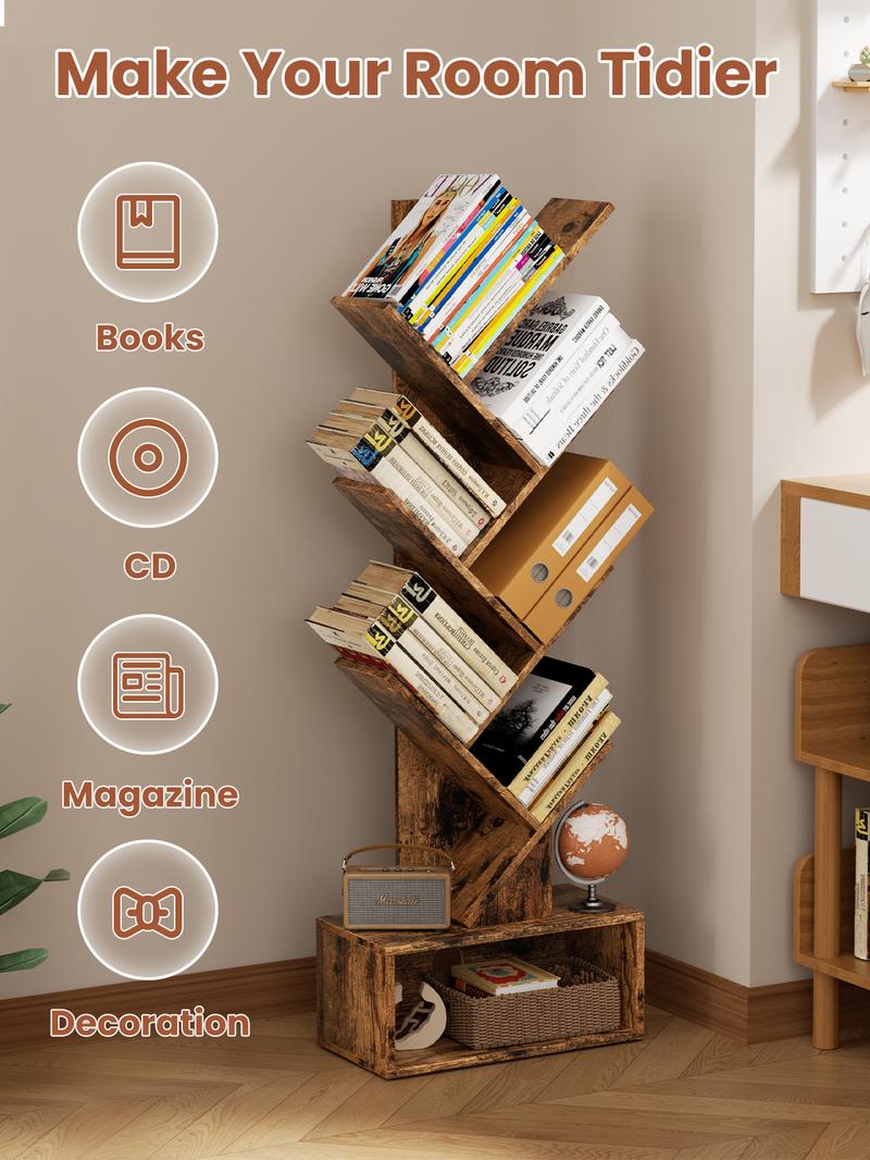 Flycity Bookshelf with Drawer,6 Tiers Tree Bookshelf, Modern Book Storage Organizer,Free Standing Tree Bookcase, Utility Organizer Shelves for Home,Office,Living Room,Bedroom Corner Computer Desk Adjustable Height Desk