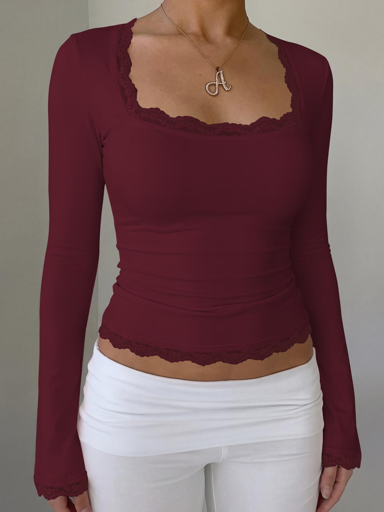 Women's Square Neck Top, Solid Lace Trim Long Sleeve T-Shirt, Elegant Chic Plain Flared Sleeves Slim Fit Crop Top for Spring, Fall and Winter, Womenswear, Blouses Shirts Tops, Casual Elegant Classy, Perfect for Parties, Dates and Everyday Wear