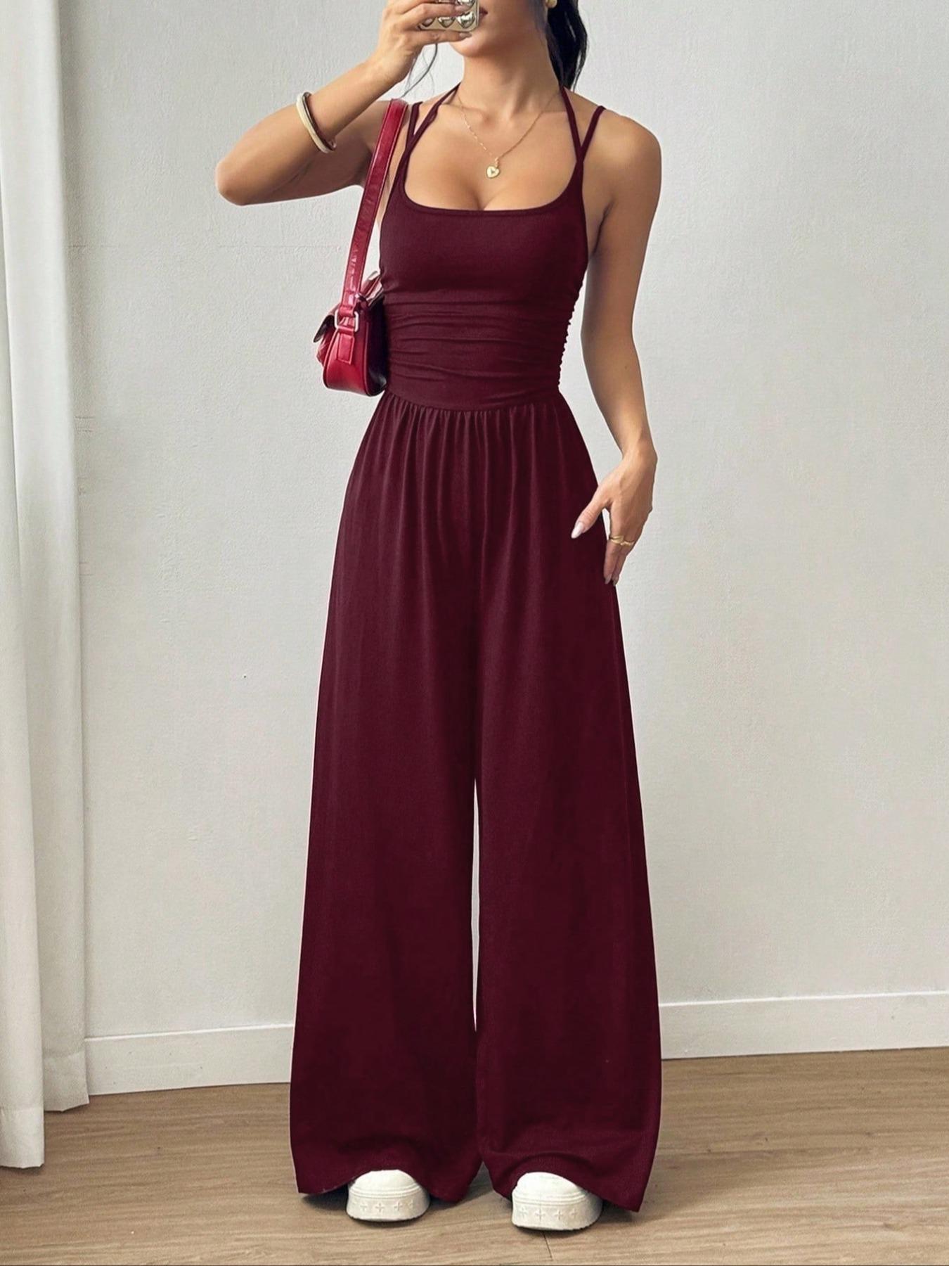 Women's Sexy Backless Jumpsuit, Spaghetti Strap Design, Smocked Bodice, Elegant One-Piece Romper, Ideal for Party Wear