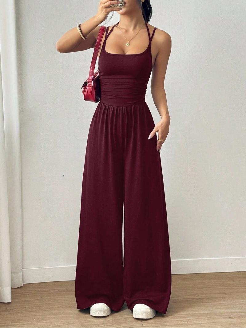 Women's Sexy Backless Jumpsuit, Spaghetti Strap Design, Smocked Bodice, Elegant One-Piece Romper, Ideal for Party Wear