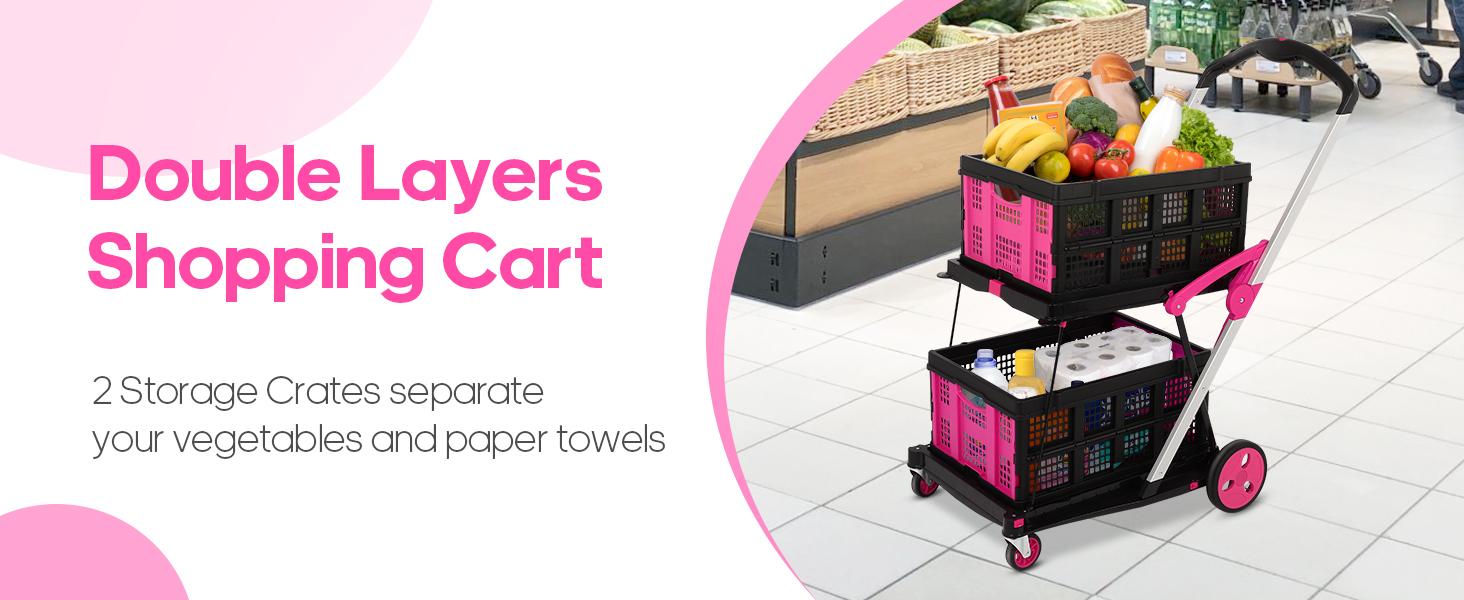 Foldable Utility Cart with Wheels,Folding Cart for Cosmetic Organizer,Grocery,Office,Warehouse,Garden, Double Layers Foldable Shopping Cart,Folding Trolley for Luggage Heavy Duty