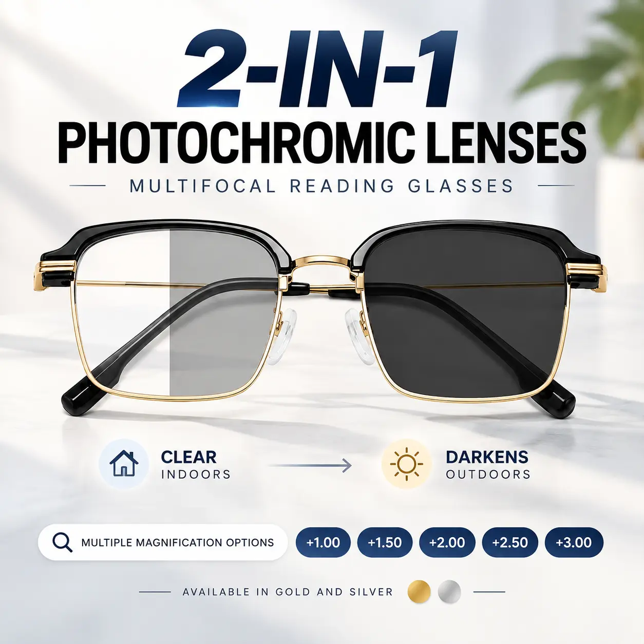 Unisex Lightweight Metal Photochromic Progressive Multifocal Presbyopia Reading Eyewear - Semi-Rimless Black Gold Frames, Blue Light Blocking, UV400 Protection, Daily Work & Travel Use