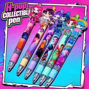 6-Pack H-Pop Cartoon Stationery Sticker Pens, Push-Button Neutral Ink Pens, High-Aesthetic 0.5mm Water Brush Pen, Writing Pens