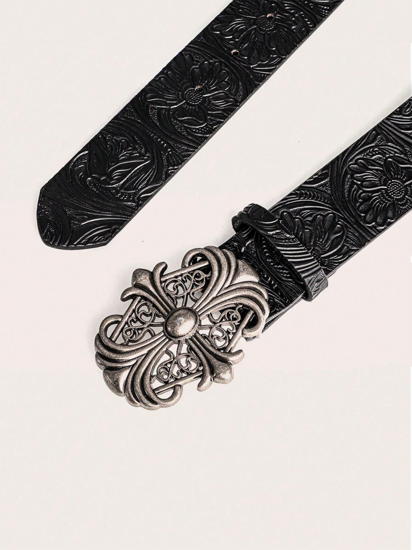 1pc Boho-Chic Faux Leather Belt with Vintage Oval Hollow Buckle, Stylish Accessory for Jeans Dresses & Casual Wear