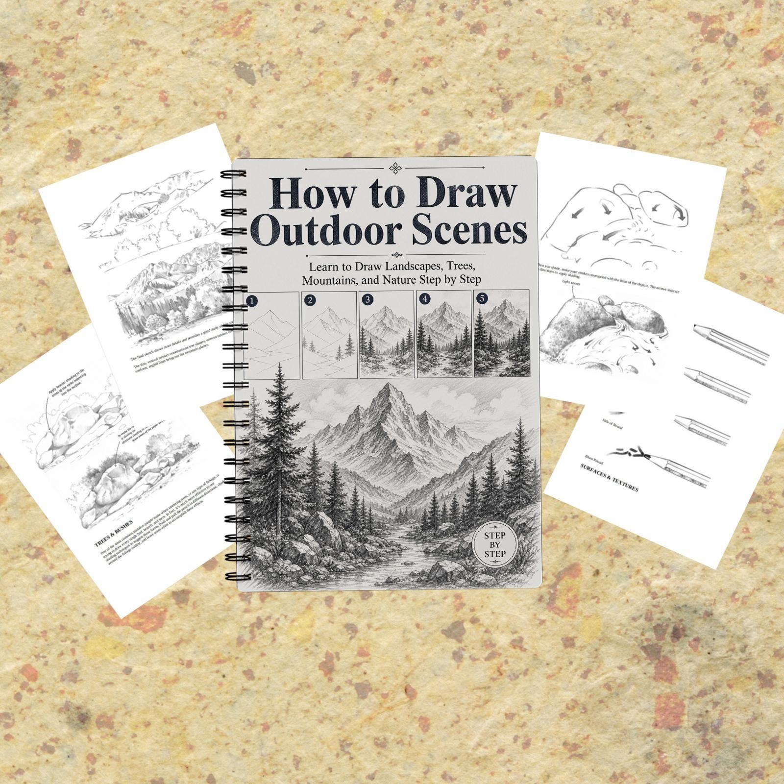 Landscape Painting Tutorial Instructions, Step-By-Step Sketching Practice, Mountain Forest Lake Clouds, Ideal for Beginners Adults Teens Art Lovers Travel Sketching