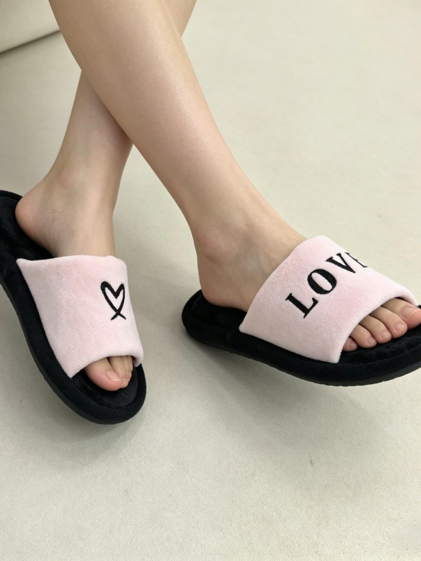 Love Heart Plush Slip-On Shoes, Soft Plush Upper, Love Letter & Heart Embroidery, Thick Anti-Slip Sole, Open-Toe Home Slippers