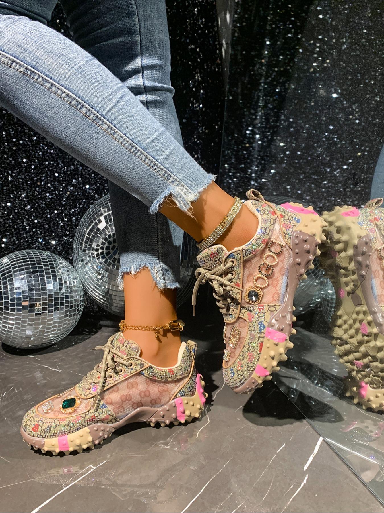 Sweet Cool Full Diamond New Street Casual Sports Shoes, Textile Upper, Rubber Sole, All Seasons, Less Than Ankle Height, Plain Style