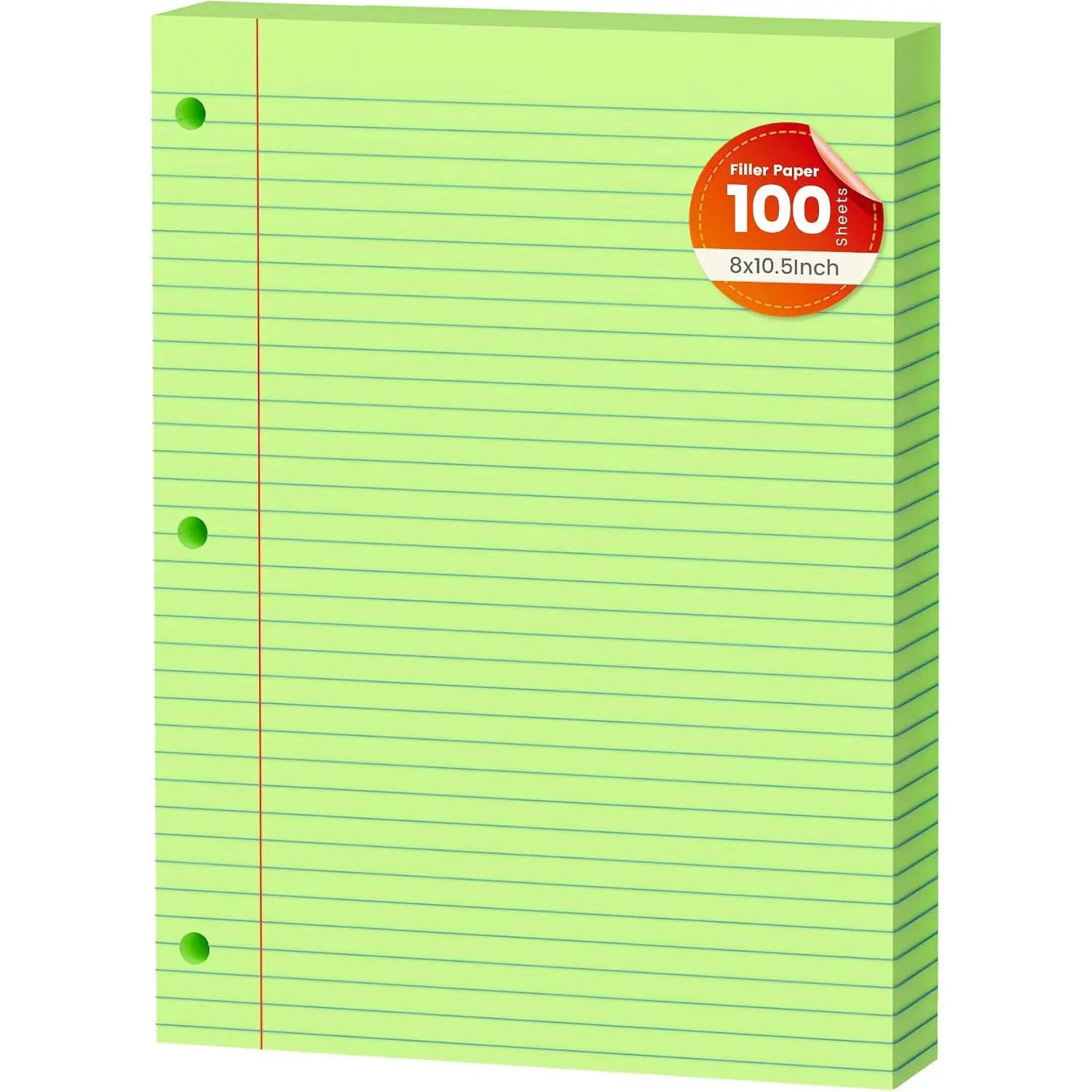 Green Loose Leaf Paper 100 Sheets Colored Filler Paper 8 * 10.5 College Ruled 3-Hole Punched for 3-Ring Binders Notebook Lined 8" x 10.5"