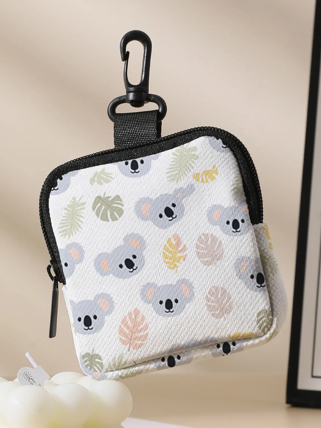 Cute Cartoon Koala Head And Tropical Leaves 2D Print, Polyester printed pouch, stores keys & cards, nice gift option