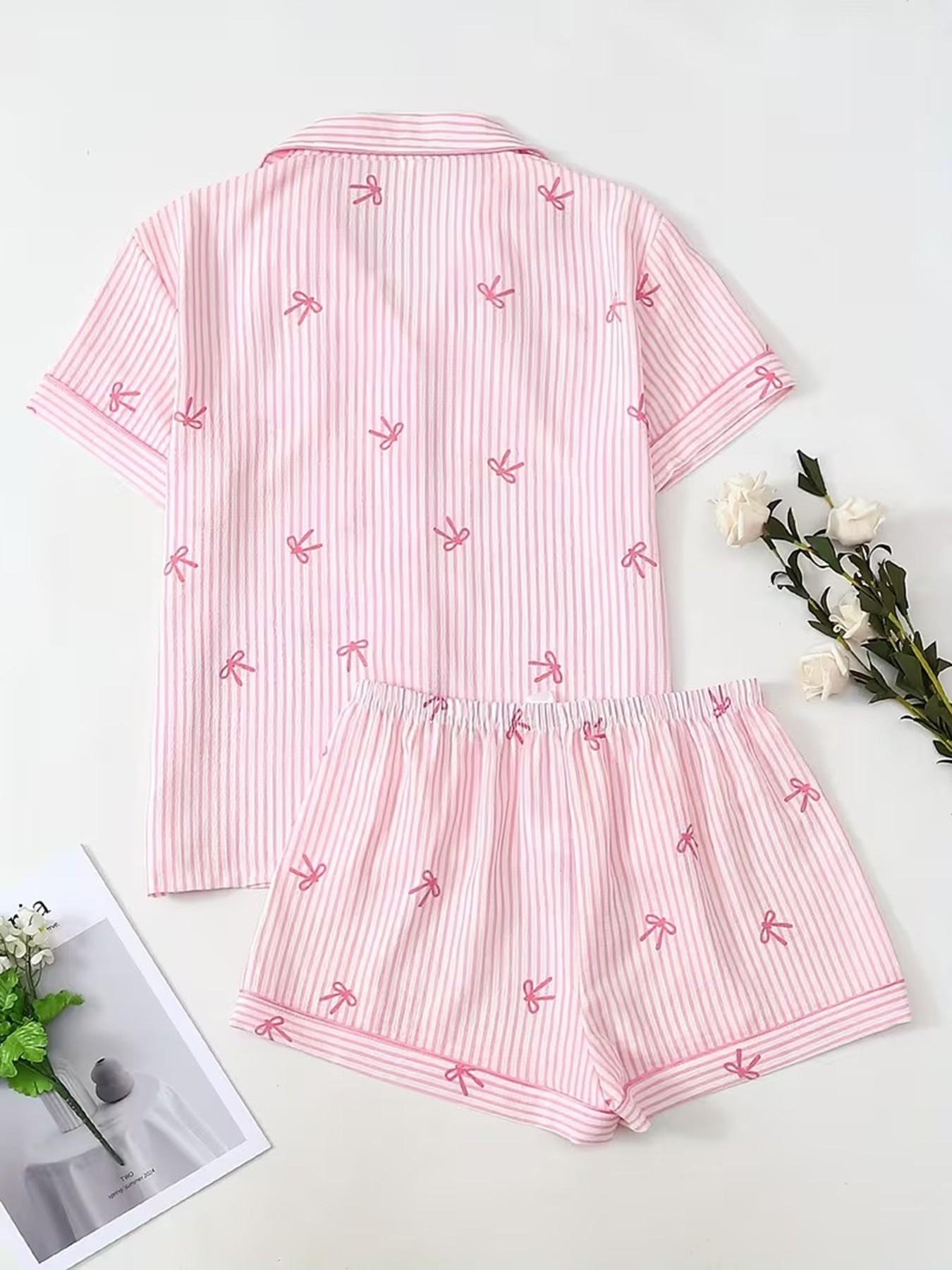 Women's Short Sleeve Button Down Top and Shorts Pajama Set, Spring Summer Wear, For American Coquette Sweet Girls, Pink White Stripe With Bow Print, Classic Lapel Collar With Contrast Pink Piping, Loose Fit, Comfortable For Home & Going Out