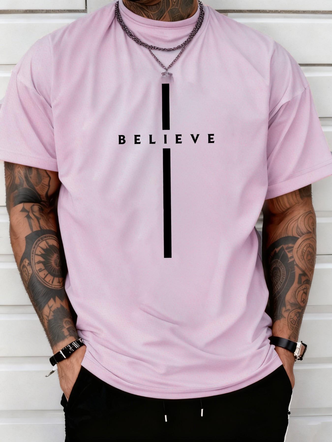 Men's "Believe" Vertical Cross Graphic T-Shirt, Christian Faith Casual Streetwear, Religious Minimalist Short Sleeve Top #ChristianApparel #FaithWear #ReligiousTee #MinimalistFashion #TikTokMadeMeBuyIt