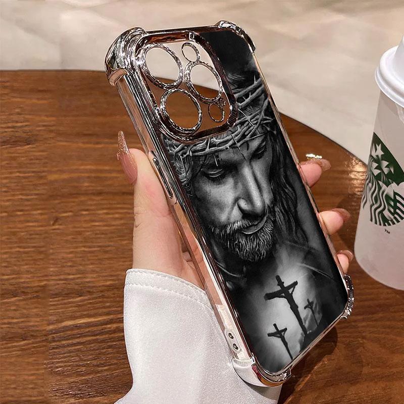 Jesus Clear Protective Four Comers Air Cushion Anti-drop CellPhone Case Clear BracketPhone Case for iPhone 16 15 14 13 12 Pro Max 15 14 Plus Four Corners Cases #IPYS6