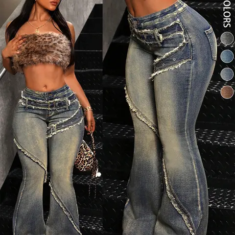 【Black Friday】Women's Bootcut Jeans with Waist Buckle Design, Women's Distressed Fitted Flare Jeans, Y2K Fashion Washed Denim Jeans, Perfect for Daily Wear