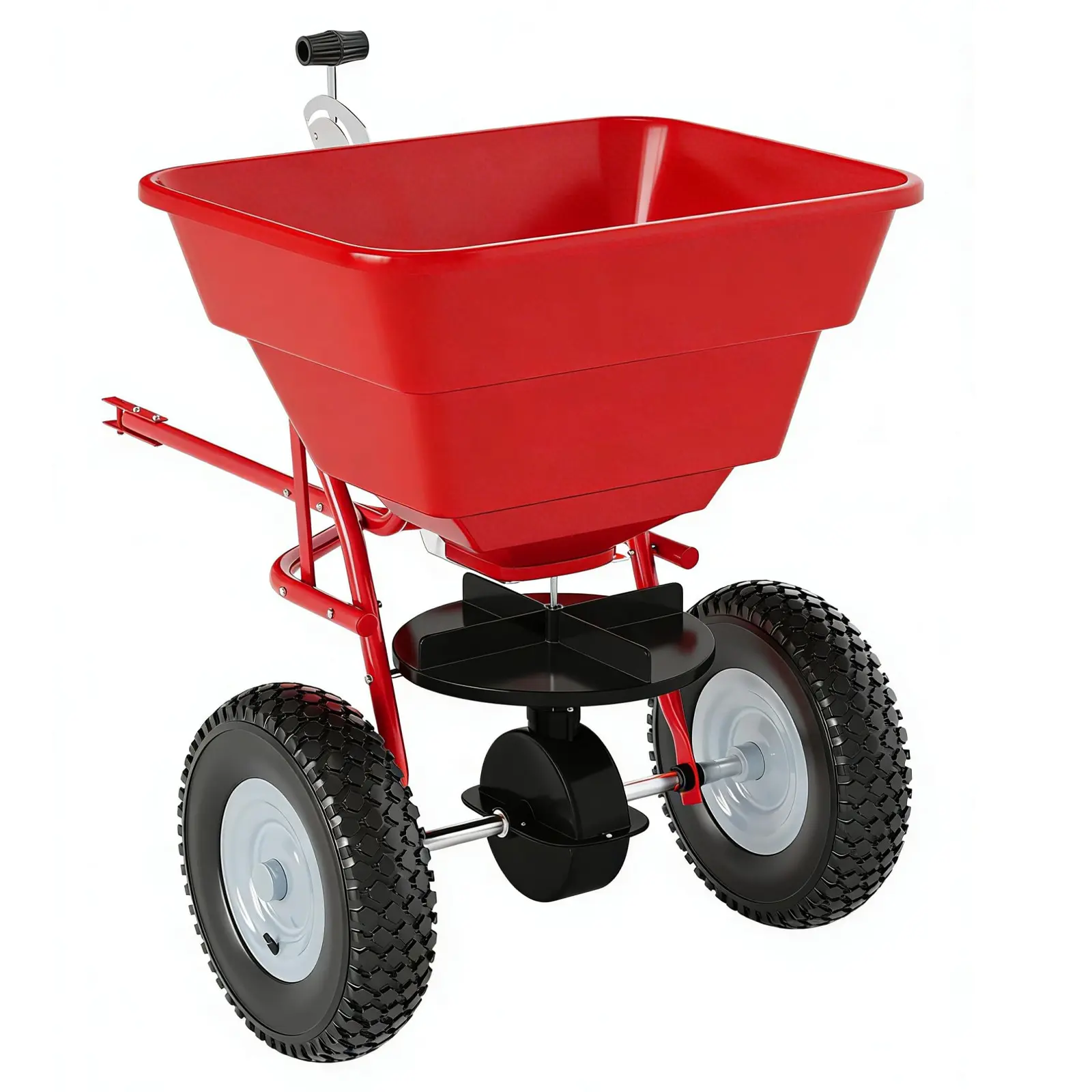 85lb Tow-Behind Broadcast Spreader for Lawn & Garden – 10" Pneumatic Tires – Adjustable Stream Control – Fertilizer, Seed, Salt, Ice Melt – Heavy-Duty Spreader – Black+Orange, Red