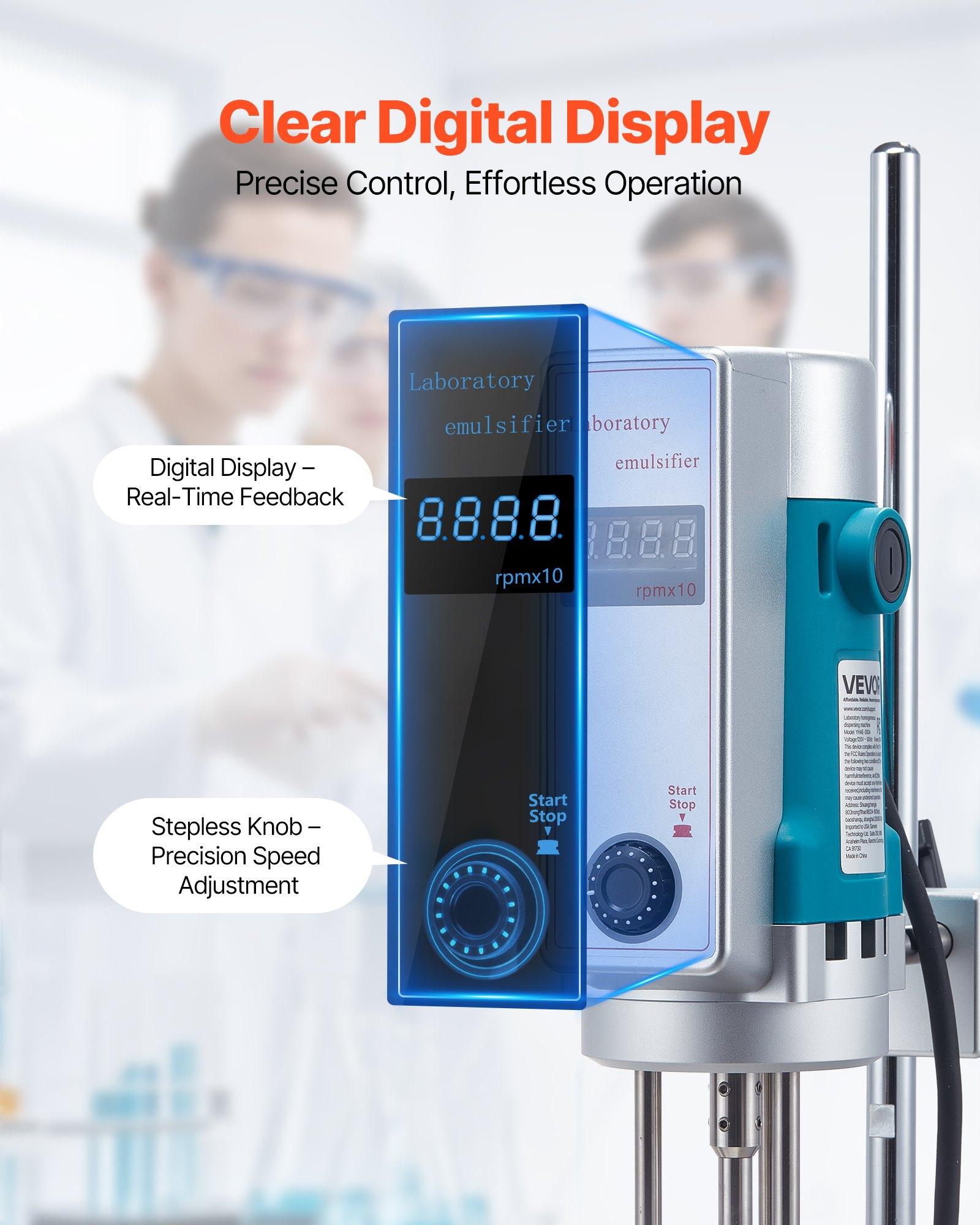 VEVOR 500W Stainless Steel Lab High-Shear Mixer, 200-11000 RPM Adjustable Speed High-Speed Dispersing Homogenizer, Digital Display Emulsify Blend Machine for Cosmetics, Food Industries, High Shear Mix
