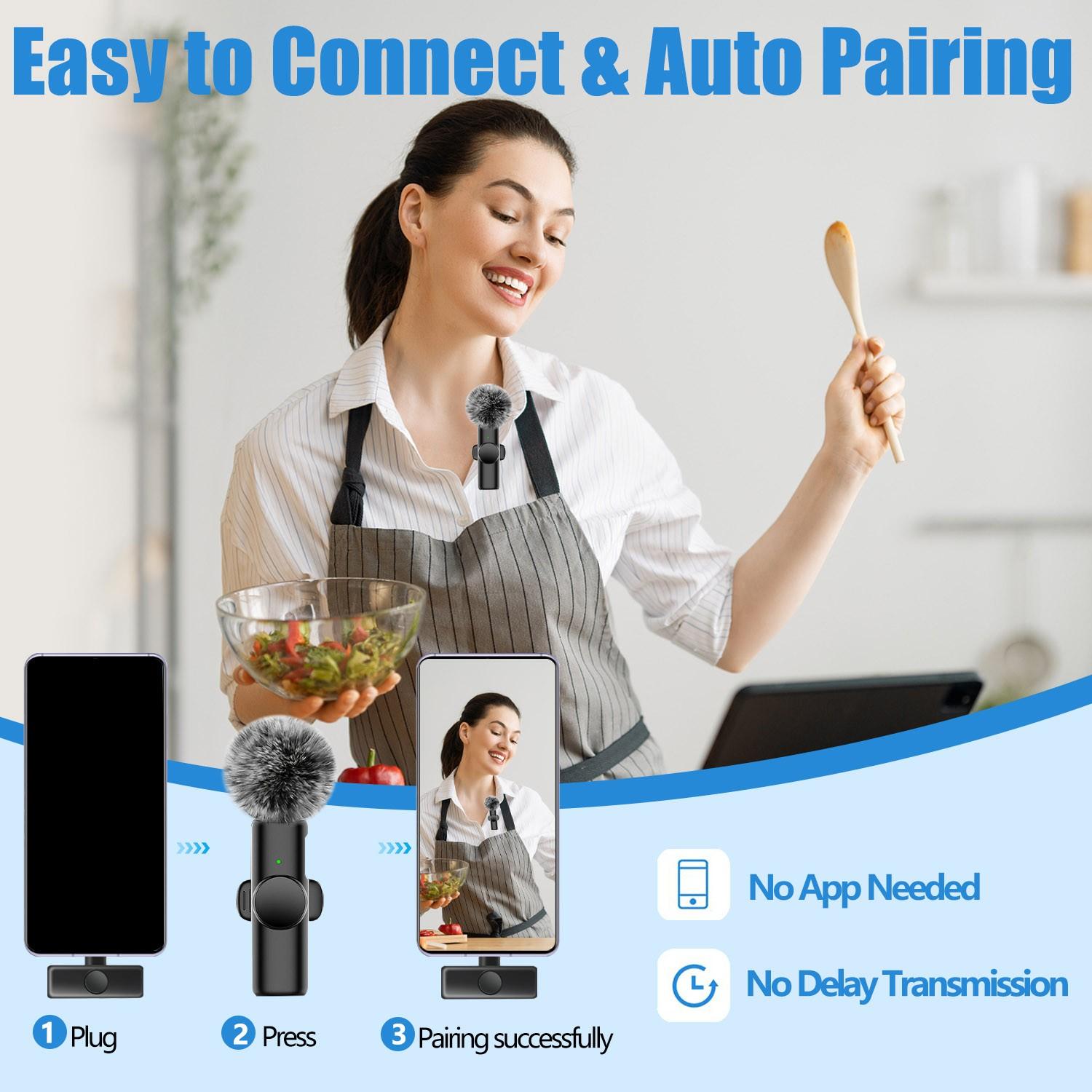 Wireless Mini Microphone for iPhone and Typec Interface, Bluetooth-compatible Lavalier Lapel Mic for Video Recording and Podcast, Plug and Play 2.4g Ultra-Low Delay for Interviews and Vlogs