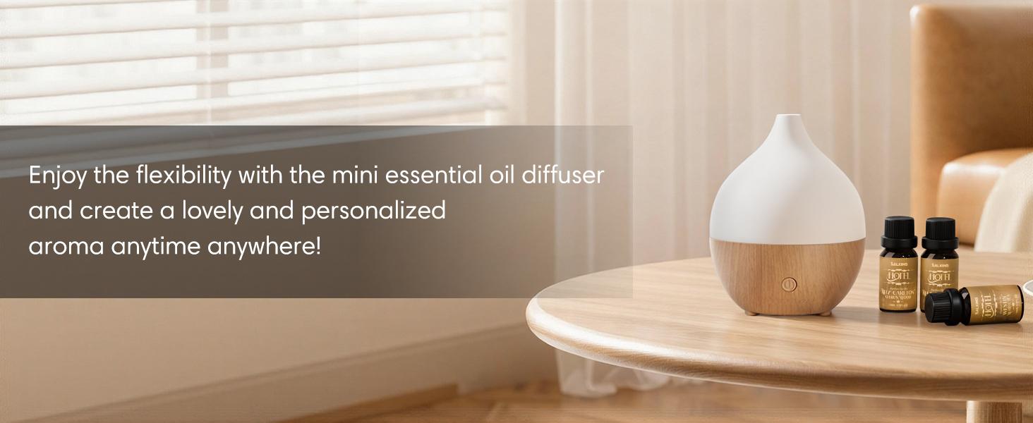 Essential Oil Diffuser, 100ml Small Aromatherapy Diffuser with Auto Shut-Off Function, Ultrasonic Diffusers for Essential Oils, Cool Mist Humidifier with Warm White Lights, for Office Home