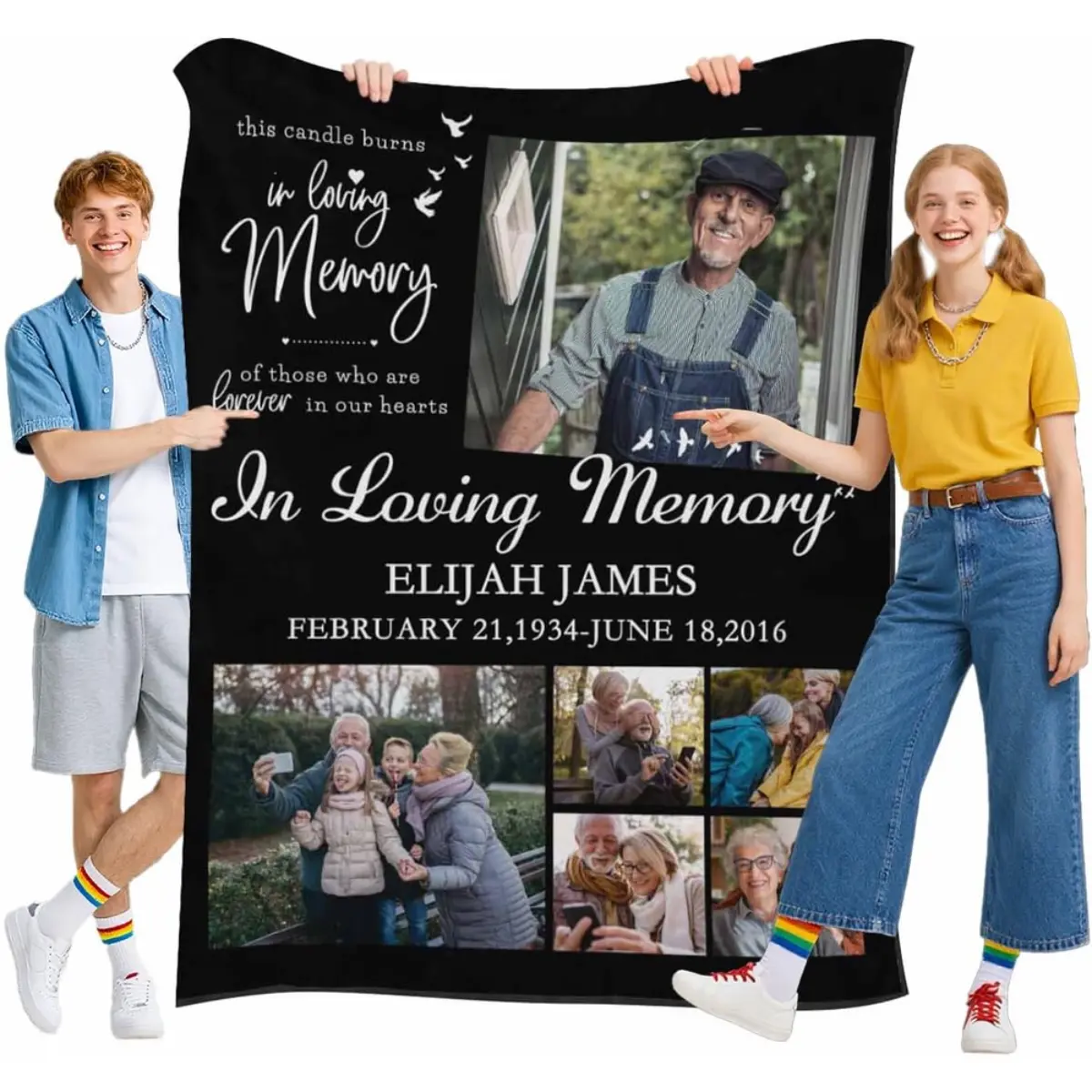 Personalized memorial photo blanket to honor deceased loved ones; custom-made memorial photo blanket for grandparents, 280Gsm flannel lambswool, available in multiple sizes, suitable for all seasons, ultra-soft and warm