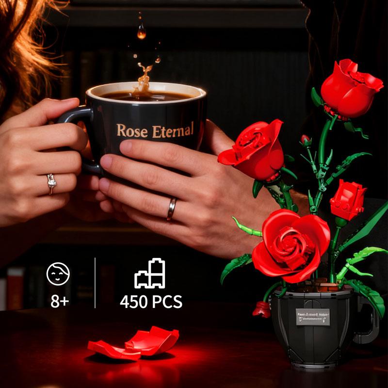 450-piece Coffee Cup Rose Building Block Set, Flower Bricks, Exquisite Rose Flower Pot, Creative Coffee Cup Design, Durable and Innovative Ideal Gift for Christmas, Halloween, and Valentine's Day, Perfect for Home Decor and Floral Arrangements