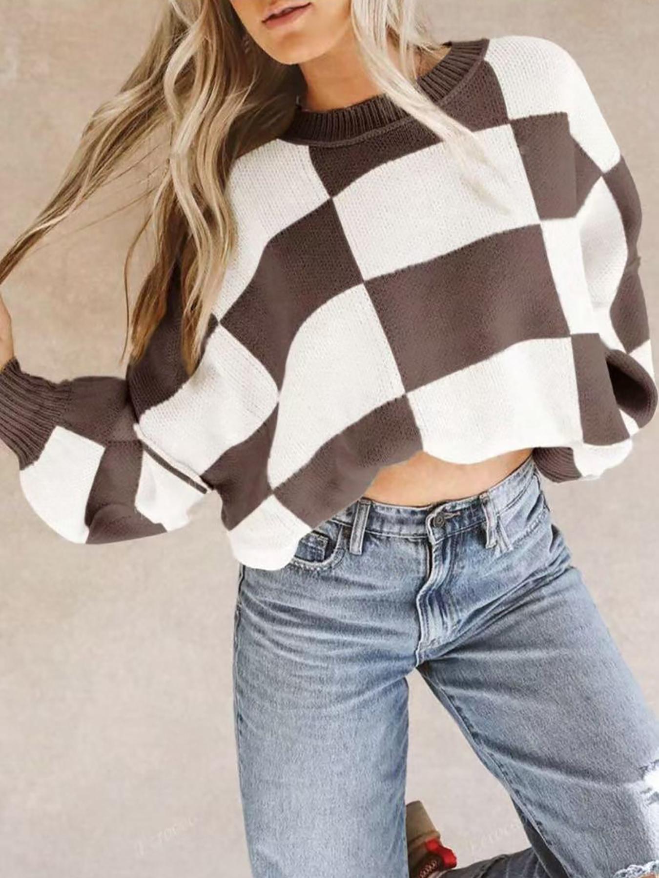 Women's Loose Fit Colorblock Sweater, Vintage Plaid Knit Pullover, Fall Winter Casual Round Neck Top, Elegant Patchwork Design, Womenswear