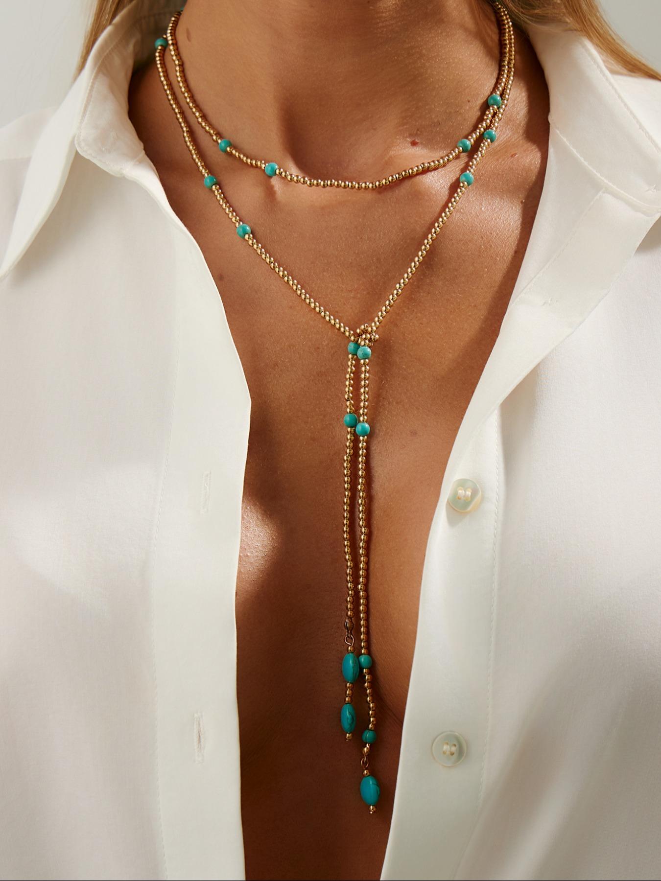 1pc Boho Layered Turquoise Beaded Lariat Necklace, Western Silver Bead Y Drop Necklace for Women, Dainty Black Seed Pearl Lariat Necklace, Vintage summer Beach Vacation Jewelry, Perfect Valentine's Day Mother's Day Birthday Gift for Her,  Party Accessory