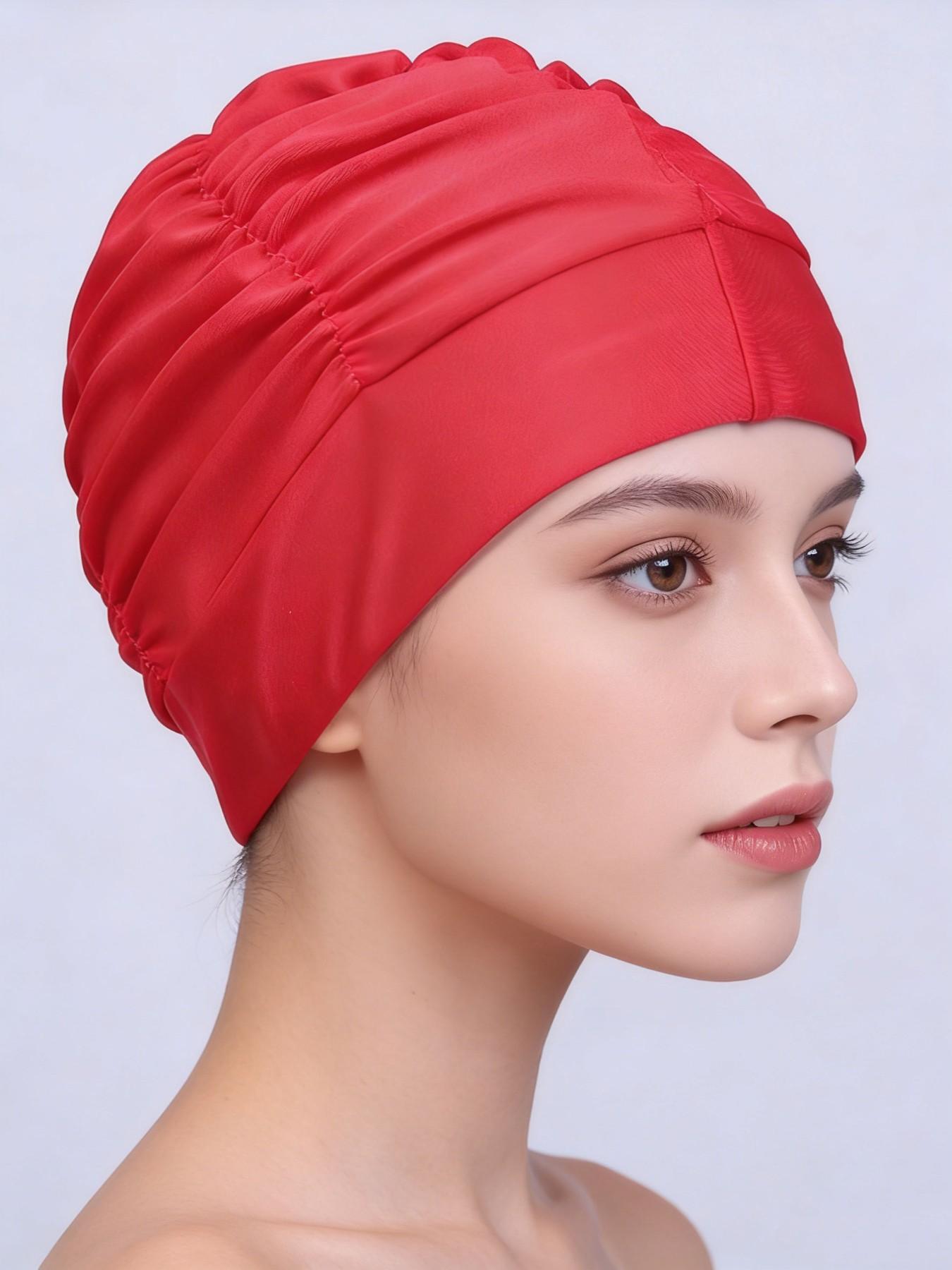 Comfortable Non-Pressing Large Size Long Hair Wrinkle Swim Cap, Solid Color Fabric Swim Cap for Women, Nylon Material Swim Hat