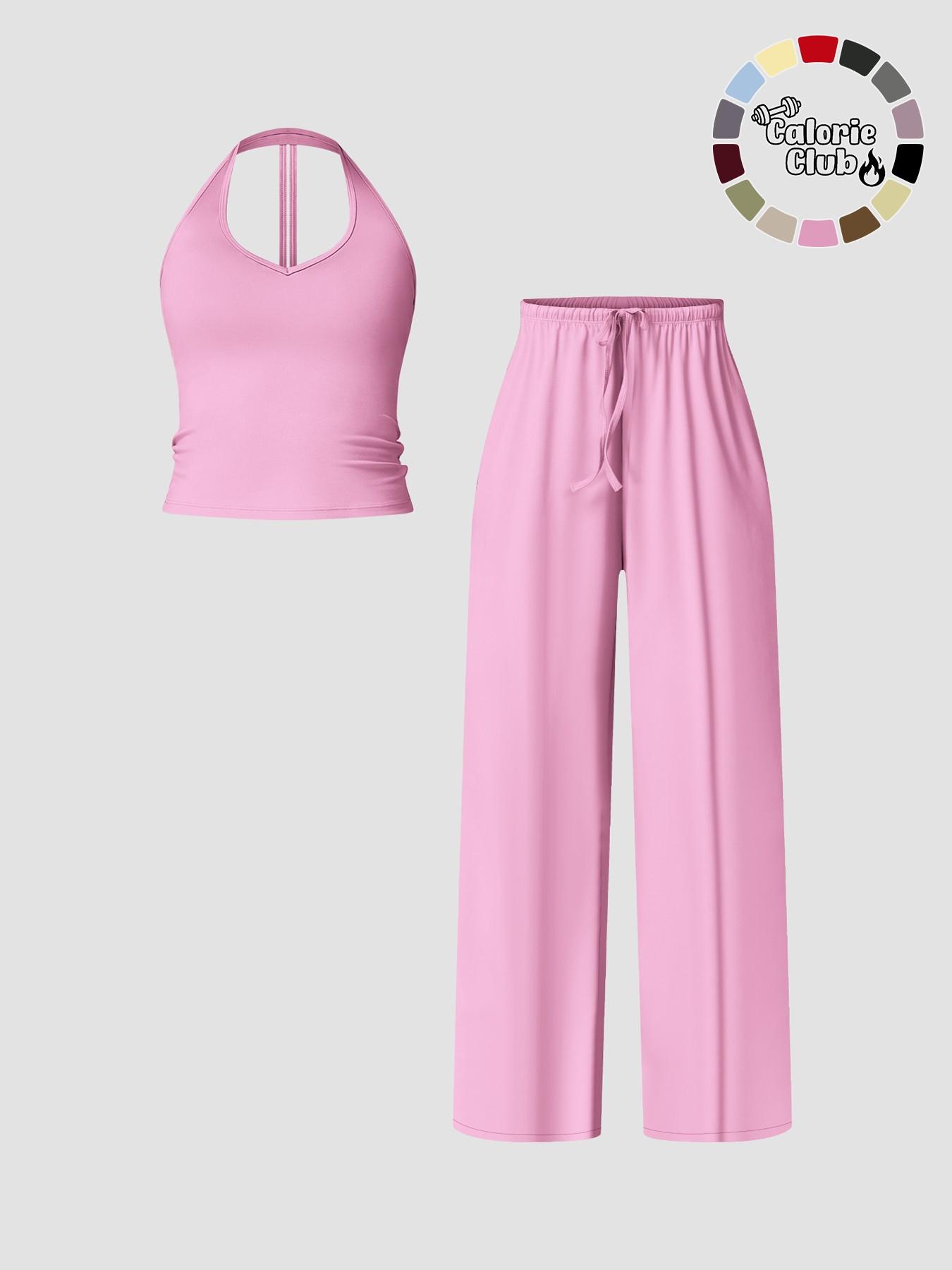 Women's Quick-Dry Sports Tank Top, Casual High-Waisted Bell Bottoms, Comfortable Sporty, All-Season Plain Style, Casual Sportswear Set, Casual Sportswear Outfit