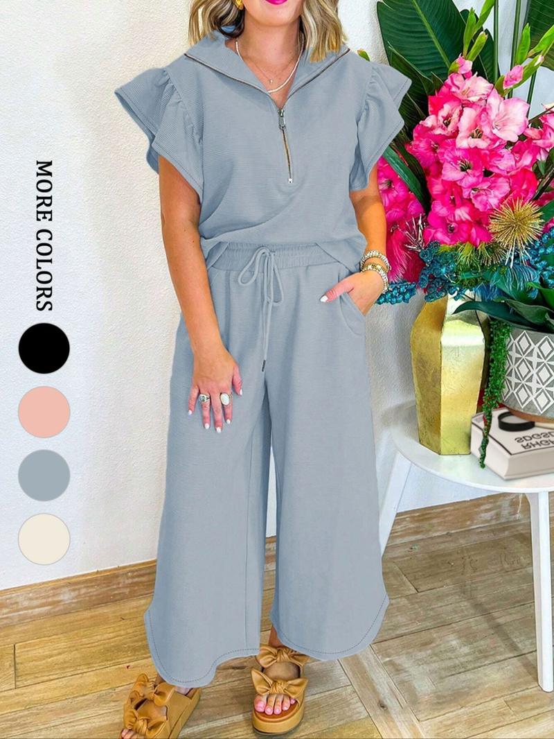 Women's elegant solid color textured ruffle sleeve half-zip top T-shirt sweatshirt and high waist wide-leg pants set, comfortable and fashionable, suitable for sports, daily leisure, outdoor activities, parties, lazy time wear