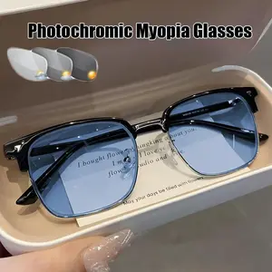 Intelligent Color Changing Minus Eyeglasses with Diopter 0 To -4.0 Vintage Square Half Frame Photochromic Near Sight Glasses
