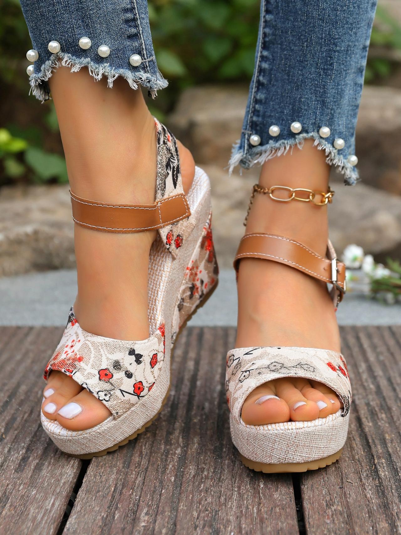 Women's Retro Floral Buckle Wedge Sandals, Summer Platform Chunky Heel Shoes, Ethnic Style Beach Elevated Sandals