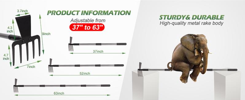 Walensee 2 in 1 Hoe Garden Tool, 63 Inch Garden Hoe Cultivator and 5-Tines Rake with 37-63 Inch Adjustable Long Handle, Grass Pulling Tools Hand Tiller for Yard Lawn Flower Beds Planting Gardening Digging