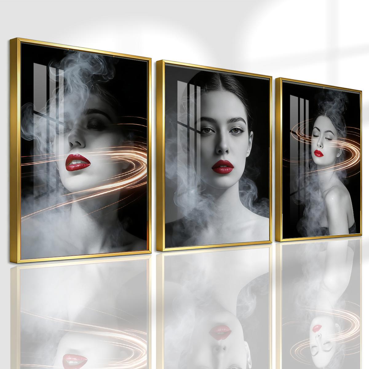 3 Counts Aluminum Alloy Framed Painting, Abstract Smoke And Light Portrait Pictures, Home Decoration For Living Room, Bedroom, Office, Restaurant, Hallway Wall Decor, Odorless Print Artwork, Luxury Perfect Gift For Friends And Family