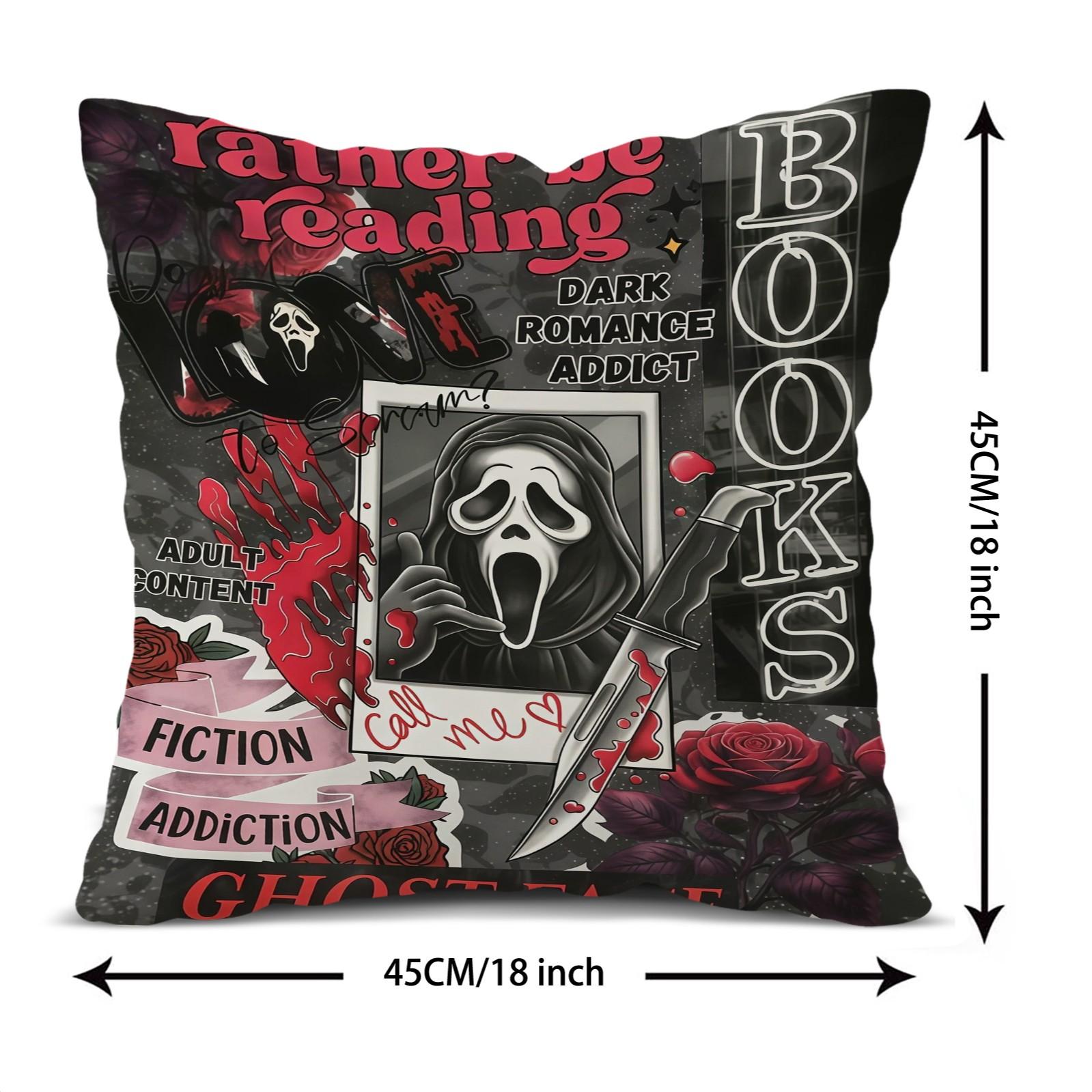 18x18 Inch Scream Ghostface Throw Pillow, Dark Romance Addict Horror Movie Book Lover Decorative Cushion, Spooky Halloween Sofa Bedroom Decor, Perfect Gift for Movie Fans & Bookworms