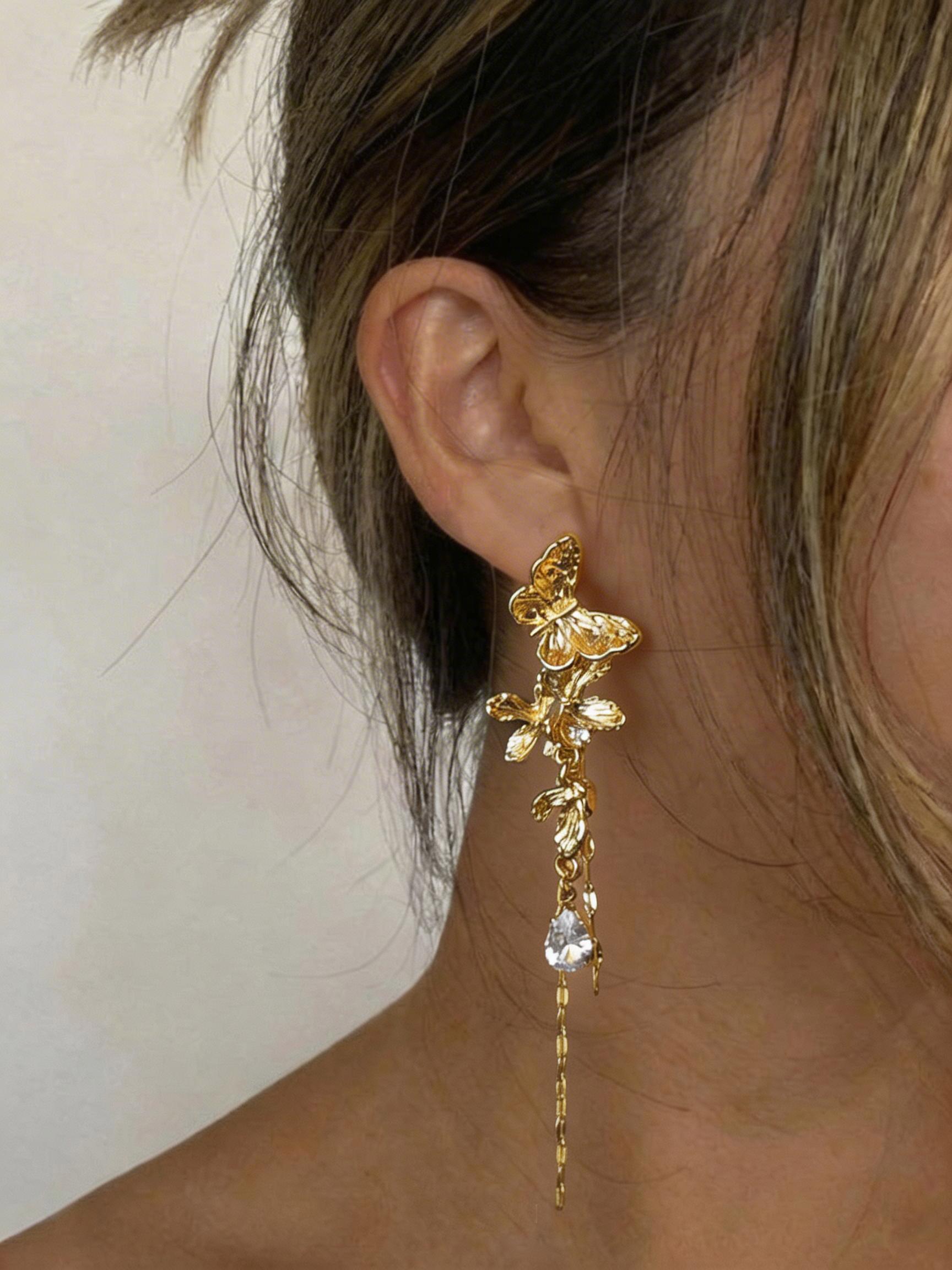 Butterfly Motif Earrings with Cubic Zirconia, Elegant Long Tassel Design, Perfect for Parties and Everyday Wear, Light-Luxury Style Jewelry