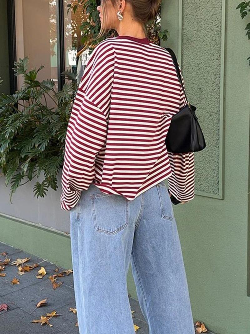 Women's Casual Loose-Fit Striped Long Sleeve Oversized Top, Trendy Street Style Round Neck Pullover