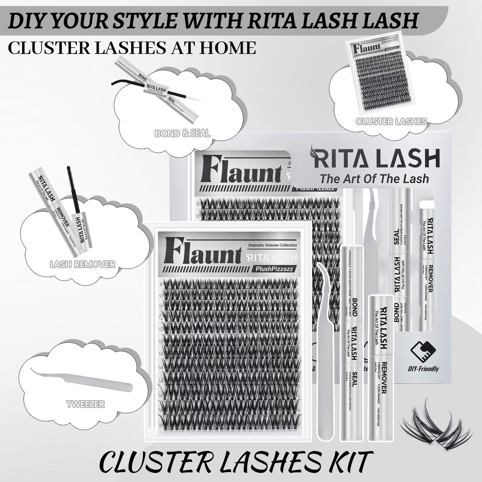 Flaunt | RITALASH 144pcs Clusters Kit Upgrade 2.0 Lashes with Ultra-Dense, Long-Lasting Lashes | Flora | Natural Daily, Volume Style, Manga Style | Beginner-Friendly DIY Lashes | Popular & Must-Have Clusters Kit with Bond and Seal Remover tweezers