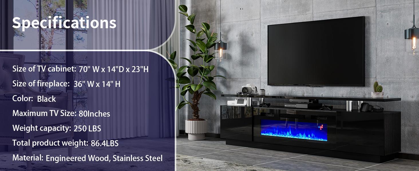 VanAcc Modern Fireplace TV Stand with  Electric Fireplace, High Gloss Finish Media Console with Open Storage for DVD Players, Entertainment Center with LED Lights and Remote Control